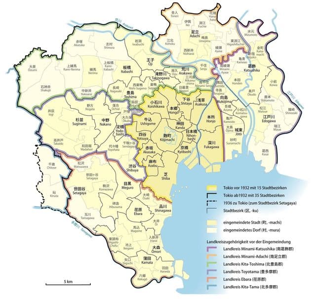 Karte der Stadtviertel von Tokio